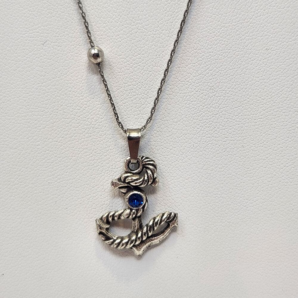 Alex and Ani Anchor Pendant Chain Necklace Silver Tone Adjustable Blue Crystal